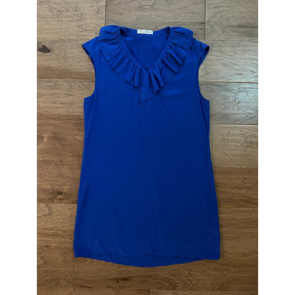 Geren Ford Royal Blue 100% Silk Ruffle V-Neck Sleeveless Tunic Blouse Large